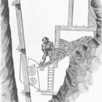 Illustration en noir et blanc d'un ouvrier en train de verser du minerai dans une machine.